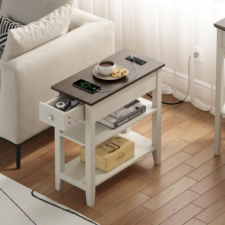 ChooChoo Farmhouse end Table Living Room Set of 2, Sofa Side Table Living Room with Charging Station,Narrow Night Stand with USB Ports & Power Outlets and Hidden Drawer ChooChoo