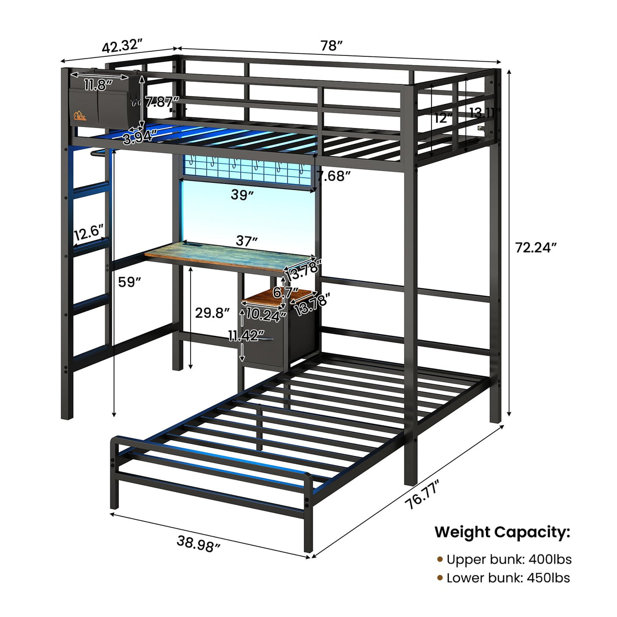 DICTAC Bunk Bed with Desk,Led Lights and Charging Station Metal L-Shaped Twin Over Twin Bunk Beds with Storage Drawers and Shelves, Loft Bed with Safety Guardrail and Ladder for Kids and Teen,Black DICTAC