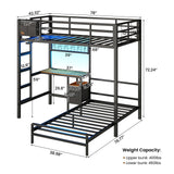 DICTAC Bunk Bed with Desk,Led Lights and Charging Station Metal L-Shaped Twin Over Twin Bunk Beds with Storage Drawers and Shelves, Loft Bed with Safety Guardrail and Ladder for Kids and Teen,Black DICTAC