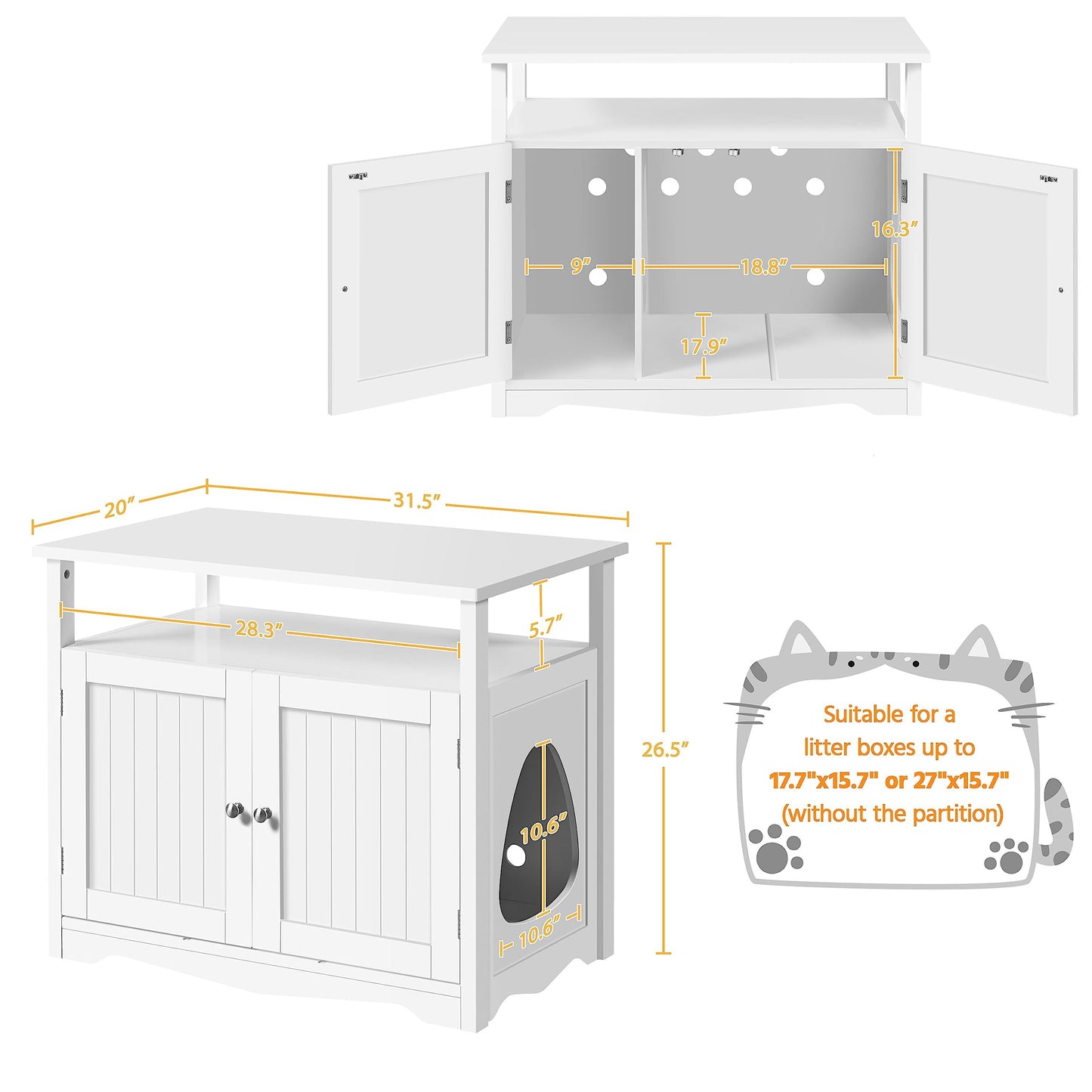 Yaheetech Cat Litter Box Enclosure, Large Hidden Litter Box Furniture with Storage Shelf, Dog Proof Wooden Cat House with Removable Divider, Indoor Cat Washroom Pet Side Table Storage Cabinet