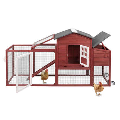 Ketive Wooden 79" Chicken Coop with Wheels Asphalt Roof Nest Boxes Pull-Out Trays - All Solid Wood and Galvanized Wire Mesh Chicken House Against Snakes, Weasels - WoodArtSupply