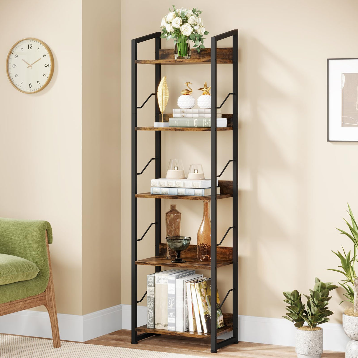 Hosfais 5-Tier Rustic Brown Narrow Bookshelf with Edge Protection for Home and Office Hosfais