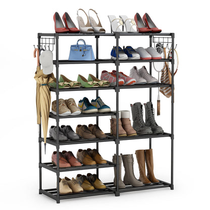 Tribesigns 7 Tiers Shoe Rack Shoe Shelf Shoe Storage Organizer with Side Hooks for Entryway, 24-30 Pairs Metal Shoe Rack Taller Shoes Boots Organizer - WoodArtSupply