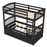 Ball & Cast Twin Over Twin Bunk Bed with Trundle & 3 Drawers, Convertible Solid Wood Bed Frame with Ladder & Full Length Guardrails, Detachable Bunk Beds for Kids,Teens,Space Saving, Espresso Ball & Cast
