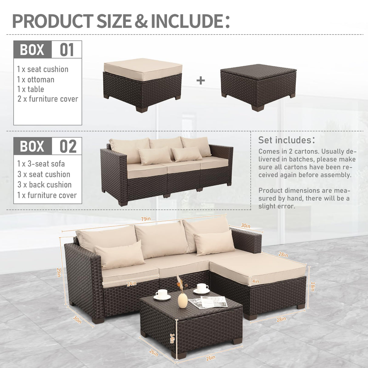 Oasishine Wicker Patio Furniture Patio Couch 3 Pieces Outdoor Sectional with Ottoman and Outdoor Storage Table with Lining Weathering Anti-Slip Cushions Furniture Covers, Khaki Oasishine