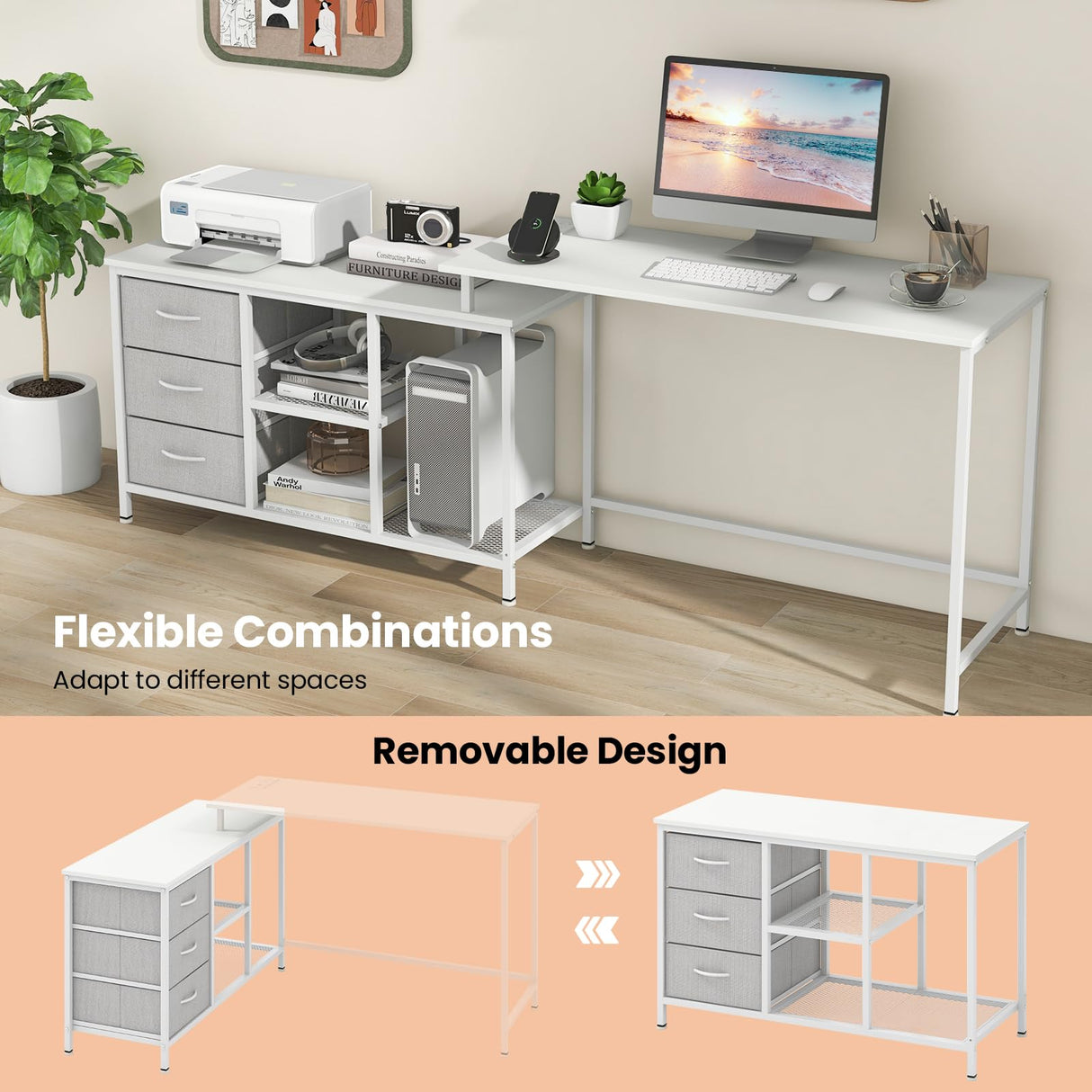 Giantex L Shaped Computer Desk with Drawers, 81" Convertible Corner Desk with Charging Station and Storage Shelves, Study Writing Desk, Modern Long Corner Gaming Table for Home Office (White) Giantex
