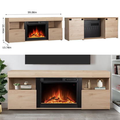 Xbeauty 60" Fireplace Tv Stand Mantel Wood Surround Firebox Freestanding Corner Fireplace Heater Infrared Quartz Heater Adjustable Led Flame, Remote Control,Pecan