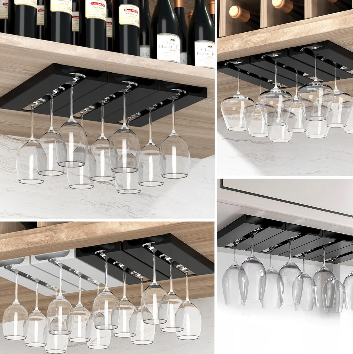 DESONAUT 4 Pcs Wine Glass Holder Under Shelf or Cabinet Punch-free,Stemware Rack Glassware Drying Storage Hanger for Kitchen,Bar and Restaurant (White) ﻿ DESONAUT
