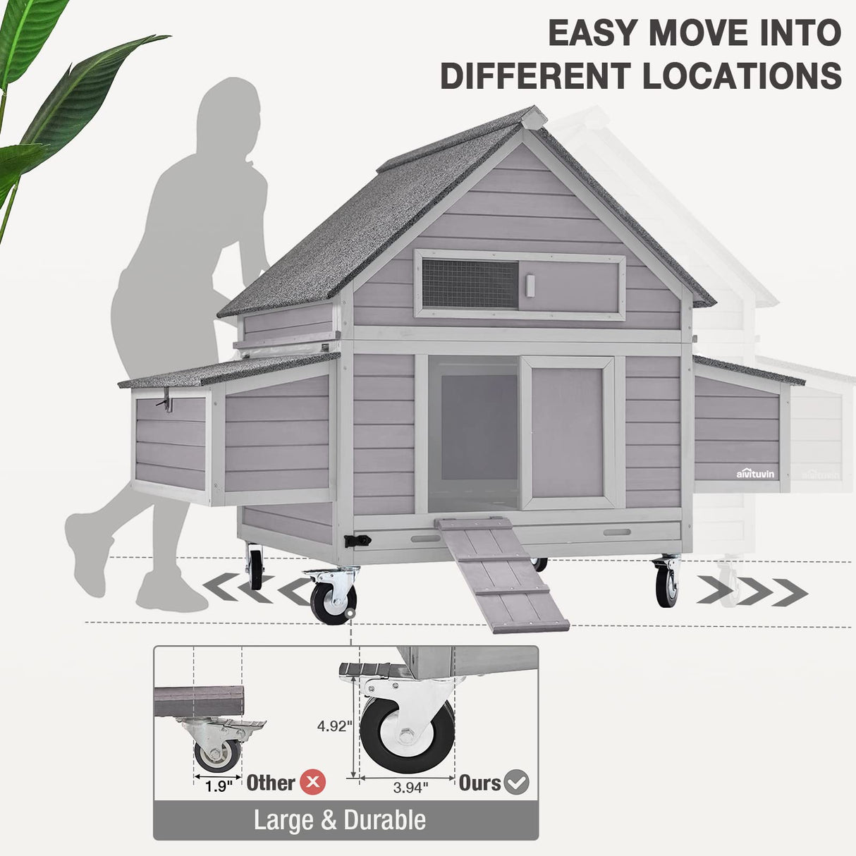MEDEHOO Large Chicken Coop with Wheels, Expandable Chicken House for Outdoor with Two Nesting Box, Leakproof Pull-on Tray and UV-Resistant Roof Panel MEDEHOO