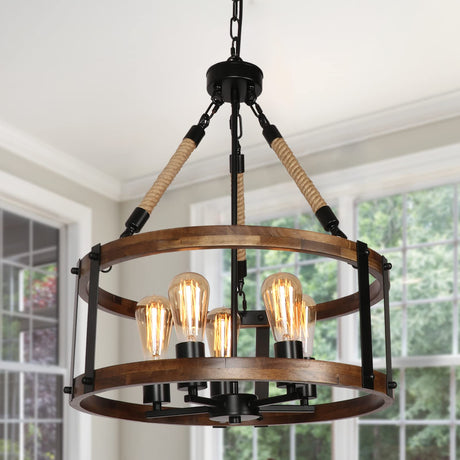 Voguad Rustic Wood Chandelier for Dining Room 5-Light, Kitchen Island Industrial Pendant Light Vintage Hanging Dining Room Farmhouse Light Fixtures Voguad