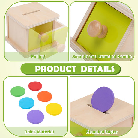 Adena Montessori Coin Box,Object Permanence Box Toys for 1 Year Old Baby Coins,Wooden Montessori Ball Drop Toys Developmental Toys for 6-12 Month Infant Toys,Learning Kids Gifts(Yellow-Green Door) Adena Montessori