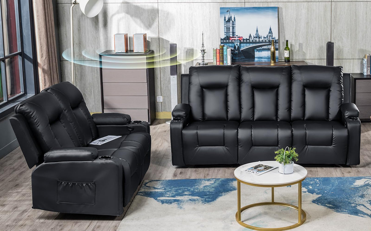 COMHOMA Living Room Furniture Set,Bonded Leather Loveseat Sofa with Cup Holder Recliner Chair,3+2,Black COMHOMA