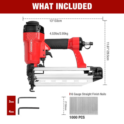 Arrow Pneumatic 16 Gauge Finish Nailer with 1000 Pcs Nails, 16 GA Professional Straight Nail Gun Kit, Oil-free Design, Depth Adjustable, Dryfire-lockout, Fits 1-1/4-Inch to 2-1/2-Inch Finish  - WoodArtSupply