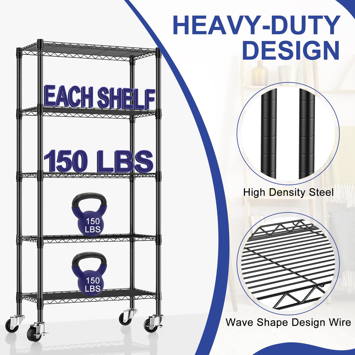 Homtell 5 Tier Shelving Unit Wire Rack, Heavy Duty Adjustable Shelf Rolling Storage Shelves with Wheels, 14" D x 30" W x 60" H 750 lbs Capacity Kitchen Garage Pantry Shelves for Small Spaces Homtell