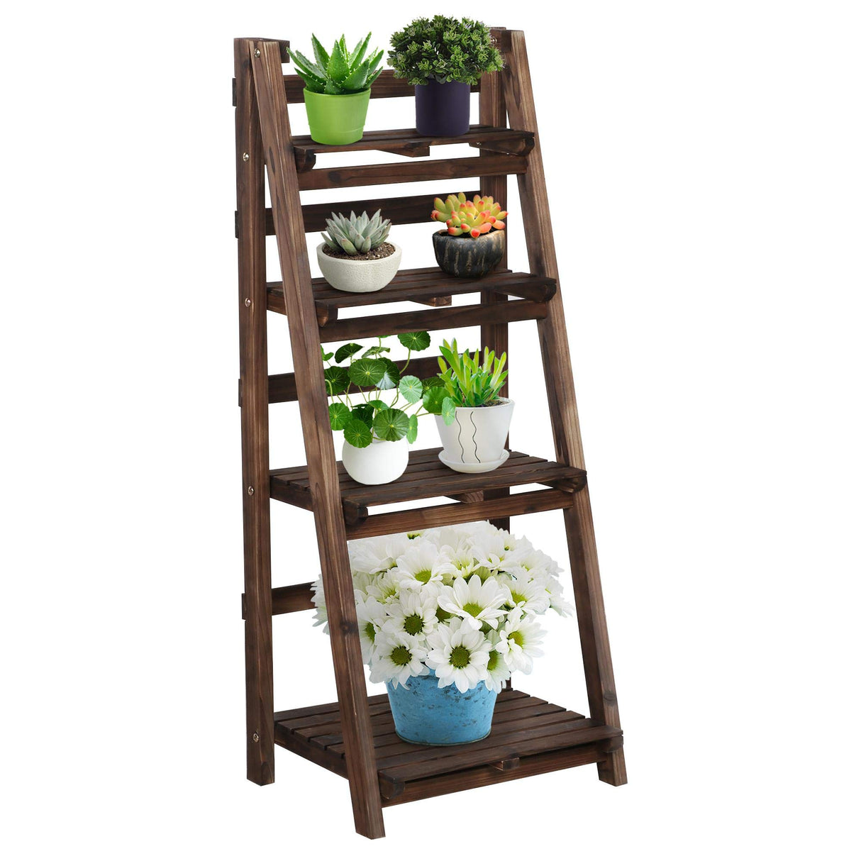 Yaheetech Wooden Foldable Ladder Shelf 4-Tier Magazine Holder Book Rack Plant Stand Folding Flower Display Pot Decorative Storage Free Standing Indoors/Outdoors Rustic No Assembly Required Brown Yaheetech