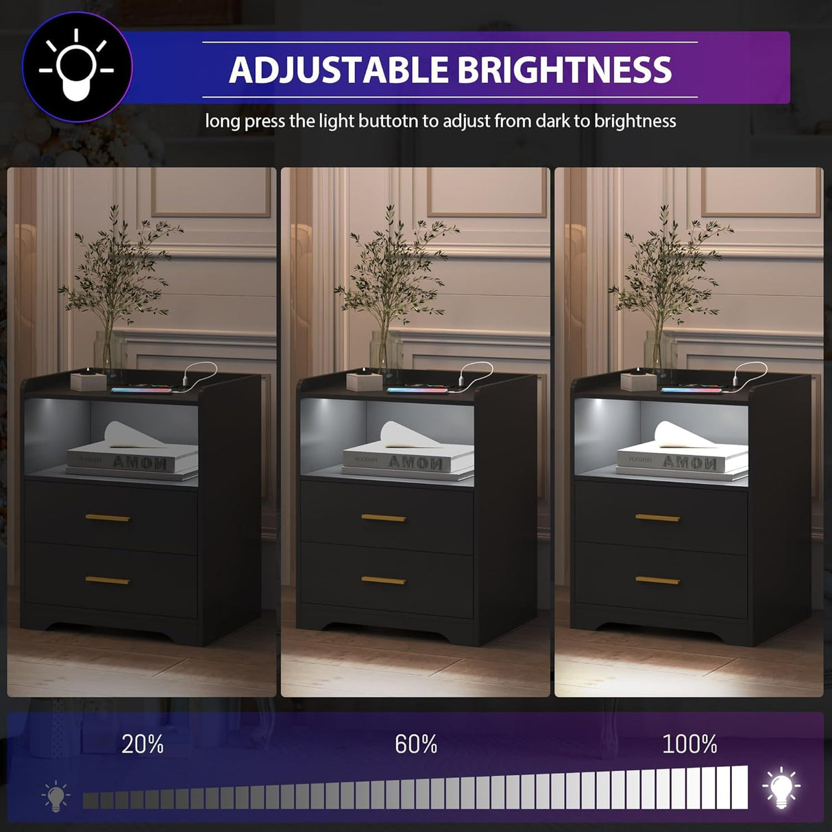 dnbss Black Nightstand Set of 2 with Charging Station, LED Night Stands with 24-Color RGB Lights, Smart Lighted Bedside Table with 2 Drawers, Modern Nightstand for Bedroom dnbss