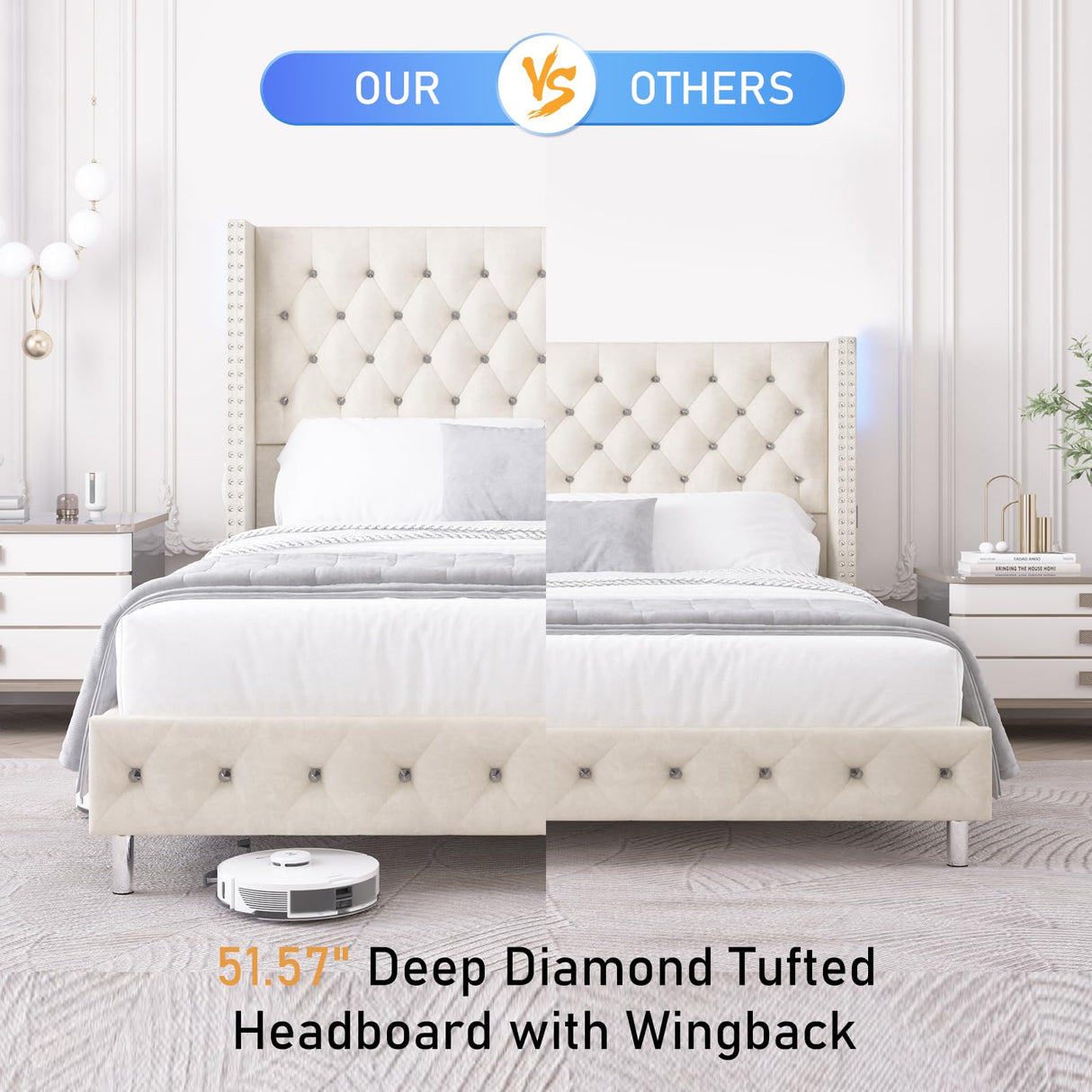 Queen Velvet Upholstered Bed Frame with Wingback Headboard, LED Lights, USB & Type-C Ports, Cream Hlivelood