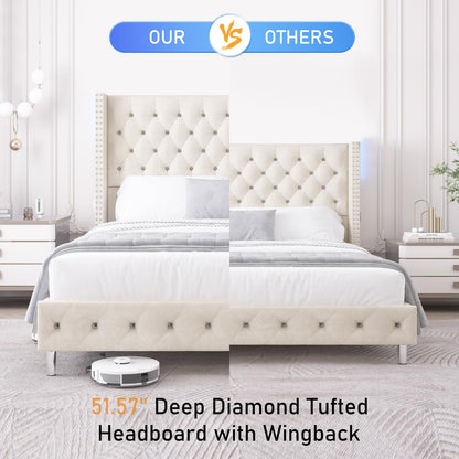 Hlivelood Queen LED Upholstered Bed Frame with Wingback Headboard, Velvet Diamond Button Tufted Bed Frame w/USB&Type-C Ports, Pocket and LED Lights, Wood Slats Support, No Box Spring Needed, Cream