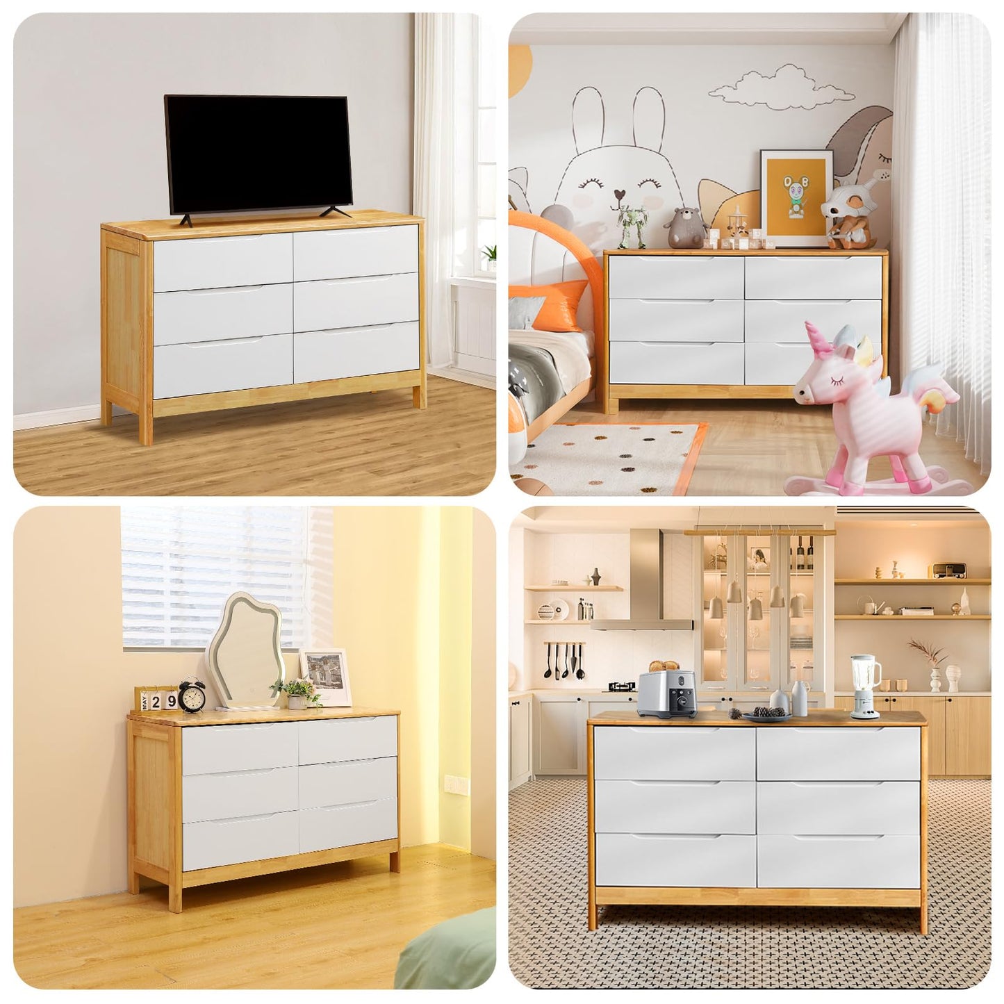 Phrosyneo Wide Dresser with 6 Drawers, TV Stand for 60" TV, Solid Wood Double Dresser, Large Storage Tower Unit, Nursery Dresser, Modern Chest of Drawers Organizer for Bedroom, White Oak - WoodArtSupply