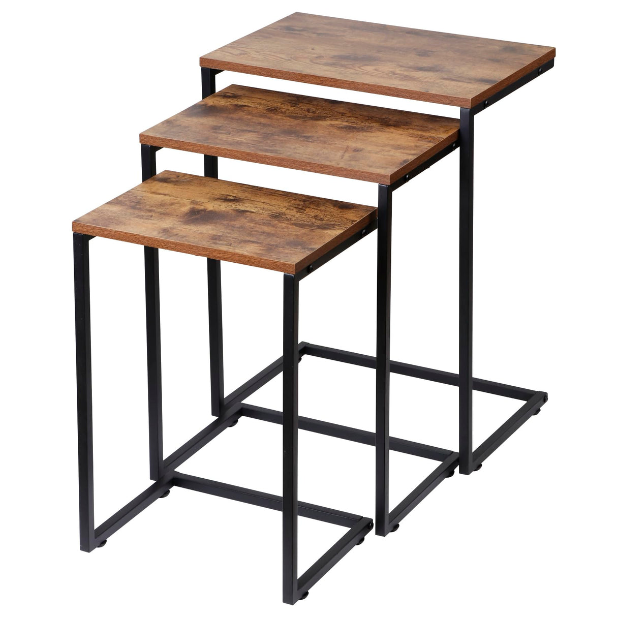 Nouva Modern Nesting Coffee Table, Set of 3 Square Stacking Accent Table End Table C-Shape with Metal Frame for Living Room Bedroom, Rustic Brown Nouva