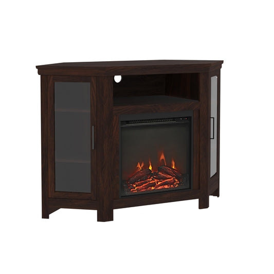 Walker Edison Alcott Classic Glass Door Fireplace Corner TV Stand for TVs up to 55 Inches, 48 Inch, Traditional Brown