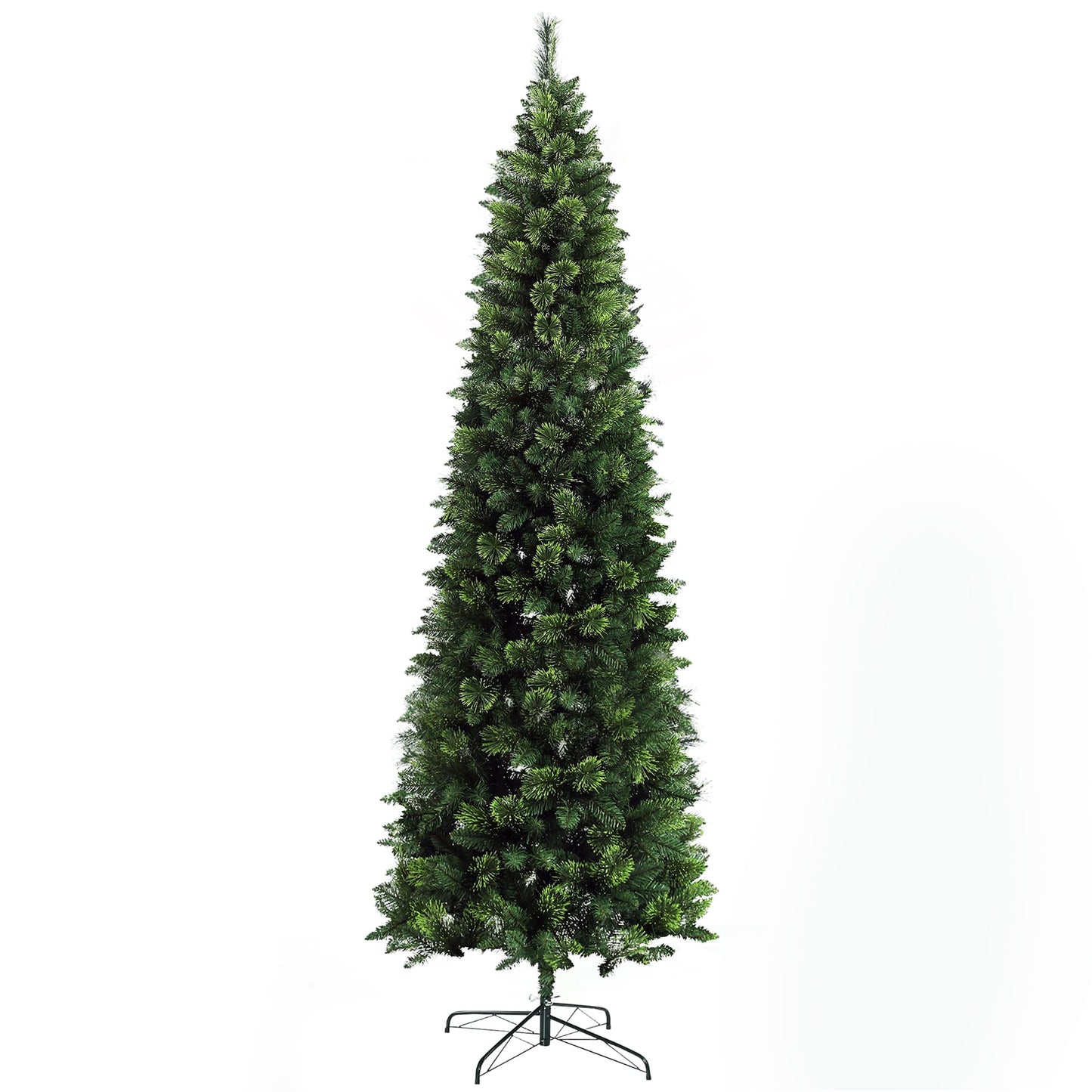 HOMCOM 9ft Tall Pencil Artificial Christmas Tree Holiday Décor with 1298 Branches, Auto Open, Steel Base, Pine Needles, Green