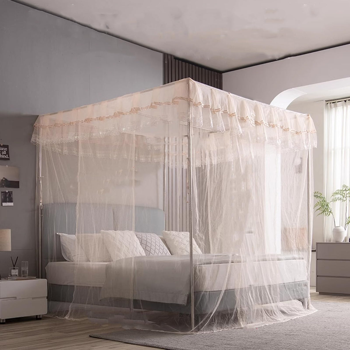 VELSKUD Canopy Bed Frame Full, Stainless Steel Four Corner Bed Canopy Poles Mosquito Net Frame Bracket Fit for Metal Bed Wood Bed, Stainless Steel Canopy Bed Frame Full Size VELSKUD