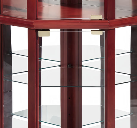 Lighted Corner Display Curio Cabinet Wooden Shelving Unit with Tempered Glass Door, Bar and Liquor Storage Area with 5 Shelves, Wine Cabinet with Curved Top Carving, Cherry CQSXDA