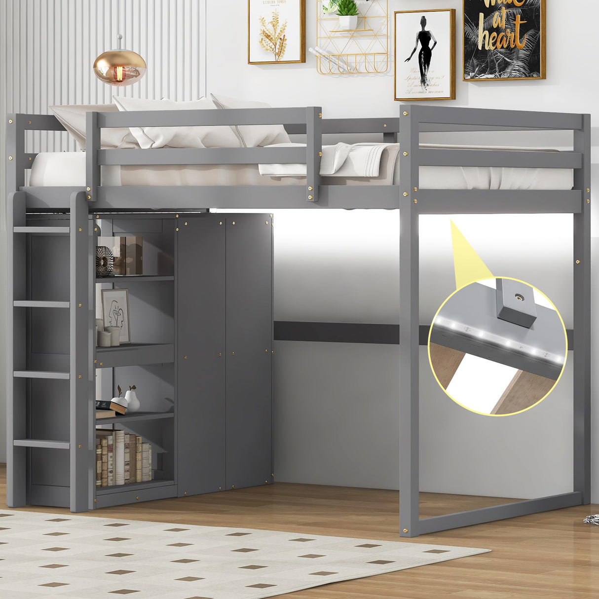 Harper & Bright Designs Full Size Loft Bed with Wardrobe & Storage Shelves, Wood Full Loft Bed Frame with LED Light for Kids Teens,Adults,Gray Harper & Bright Designs
