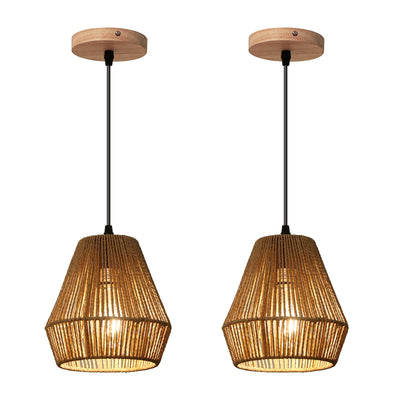 WBinDX Woven Rattan Pendant Light Fixture, 7'' Mini Boho Pendant Lights Kitchen Island 2 Pack Farmhouse Natural Hanging Pendant Lighting with Handwoven Basket Shade for Bedroom Foyer Bar Hallway