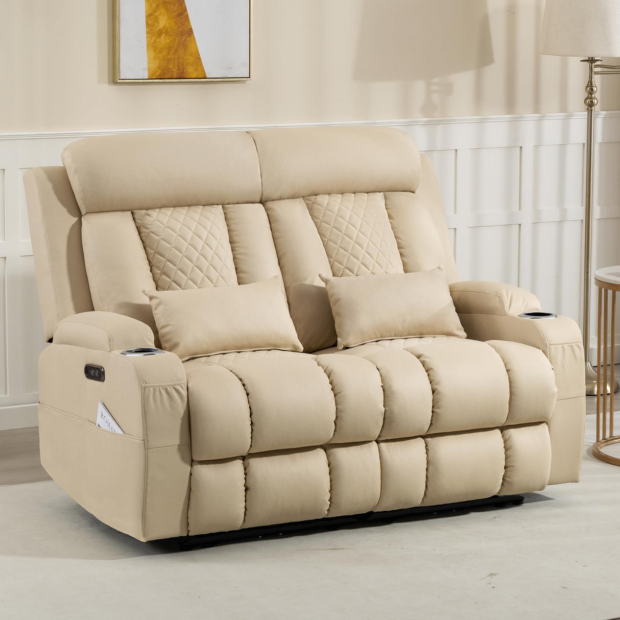Neptane Zero Wall Hugger Power Reclining Loveseat with Adjustable Headrest, Power Loveseat Recliner Sofa with USB&Type-C Ports, Wall Hugger Loveseat Recliner for Living Room(Beige, 2 Seater) Neptane