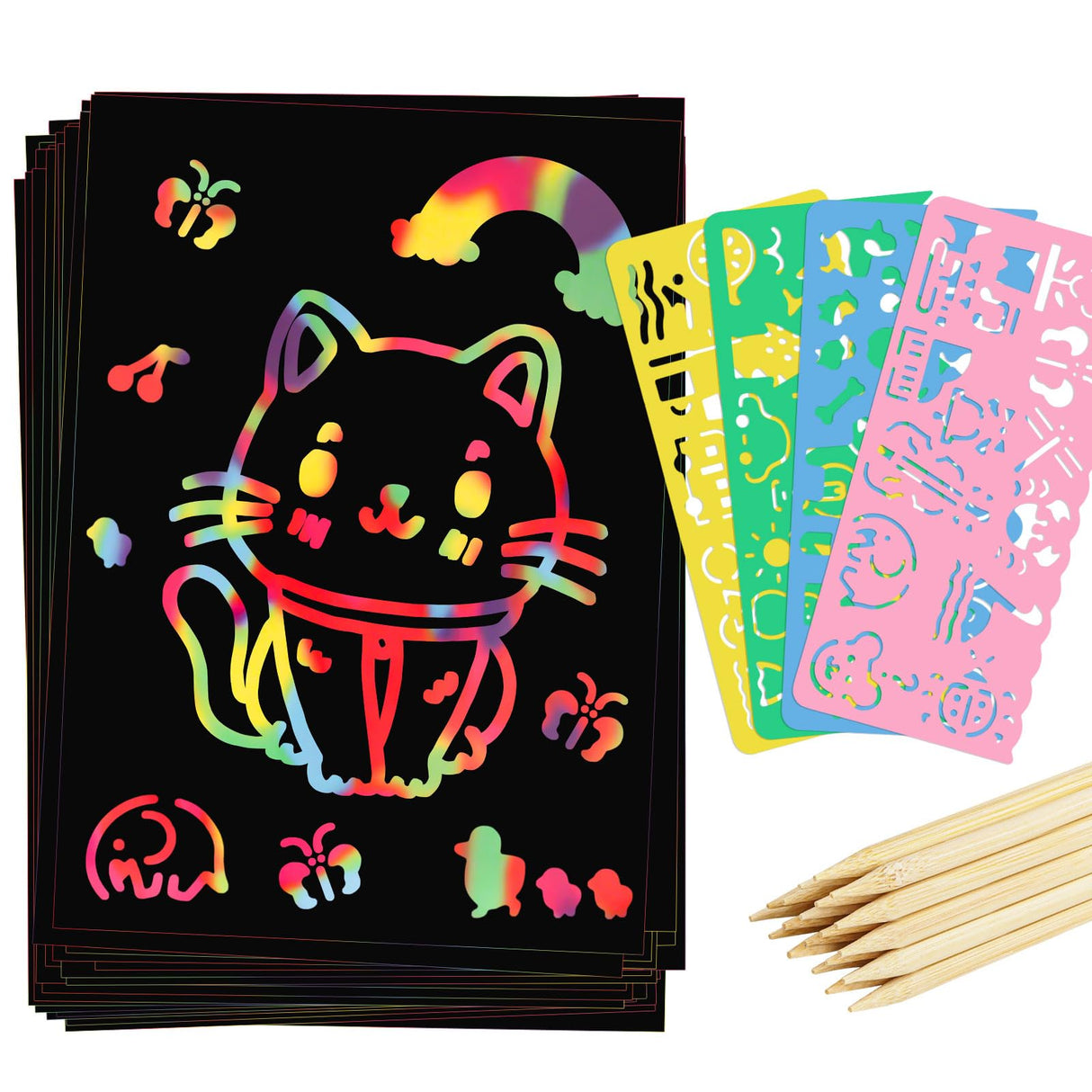 90 Pcs Scratch Art Paper Rainbow Sets, Scratch Paper Rainbow Black Scratch Off Paper Art Gifts for Kids Art Craft Supplies Kits Prudiut