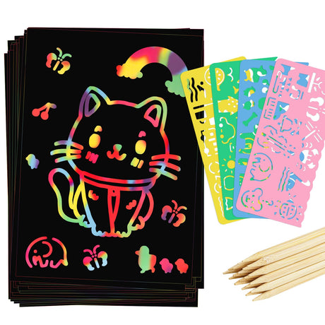 90 Pcs Scratch Art Paper Rainbow Sets, Scratch Paper Rainbow Black Scratch Off Paper Art Gifts for Kids Art Craft Supplies Kits Prudiut