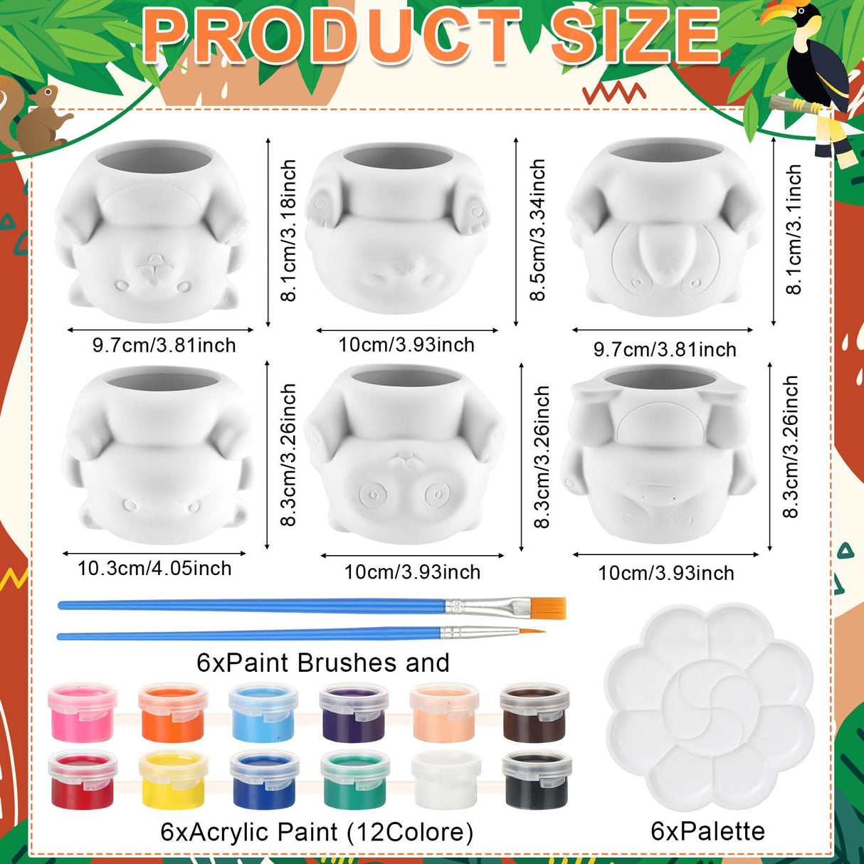 Chuangdi 6 Sets DIY Ceramic Succulent Pots Animal Ceramics to Paint Small Paint Your Own Ceramic Pots DIY Unpainted Planters with Drainage Hole Color Paints Paintbrushes Palettes for Craft Activity Chuangdi