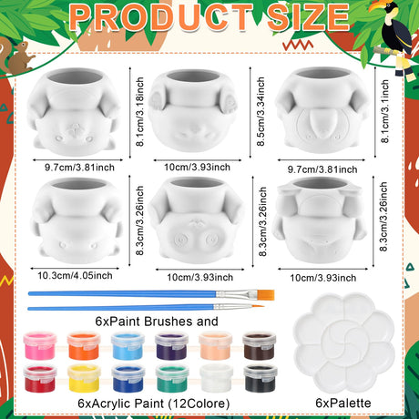 Chuangdi 6 Sets DIY Ceramic Succulent Pots Animal Ceramics to Paint Small Paint Your Own Ceramic Pots DIY Unpainted Planters with Drainage Hole Color Paints Paintbrushes Palettes for Craft Activity Chuangdi
