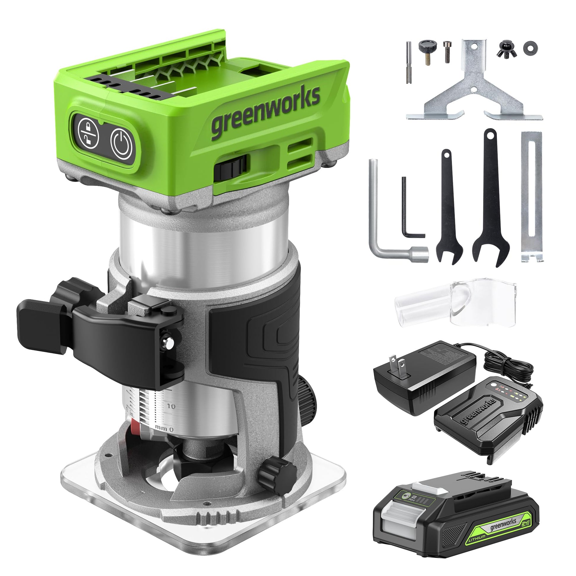 Greenworks 24V Cordless Trim Router, Variable Speed Brushless Motor Compact Palm Router with 2Ah Battery and Charger - WoodArtSupply