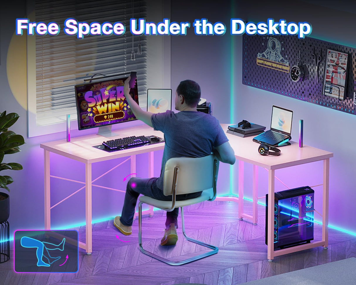 Casaottima L Shaped Gaming Desk, Corner Desk Gaming Table for Home Office, Computer Desk Sturdy Writing Workstation for Small Space, Easy to Assemble, 51 inch, Carbon Fiber Surface, Pink Casaottima