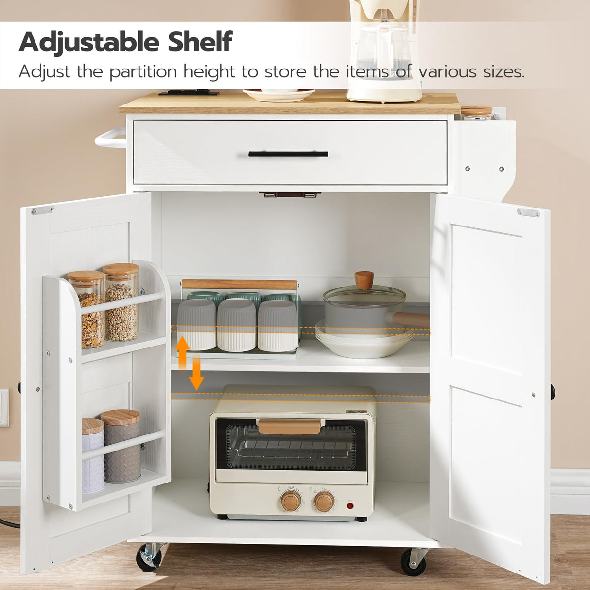 HOOBRO Kitchen Island with Power Outlet, Kitchen Storage Island with Large Worktop, Spice Rack and Drawer, Rolling Kitchen Cart on Wheels, for Kitchen and Dining Room, White and Natural WN88UZD01 HOOBRO