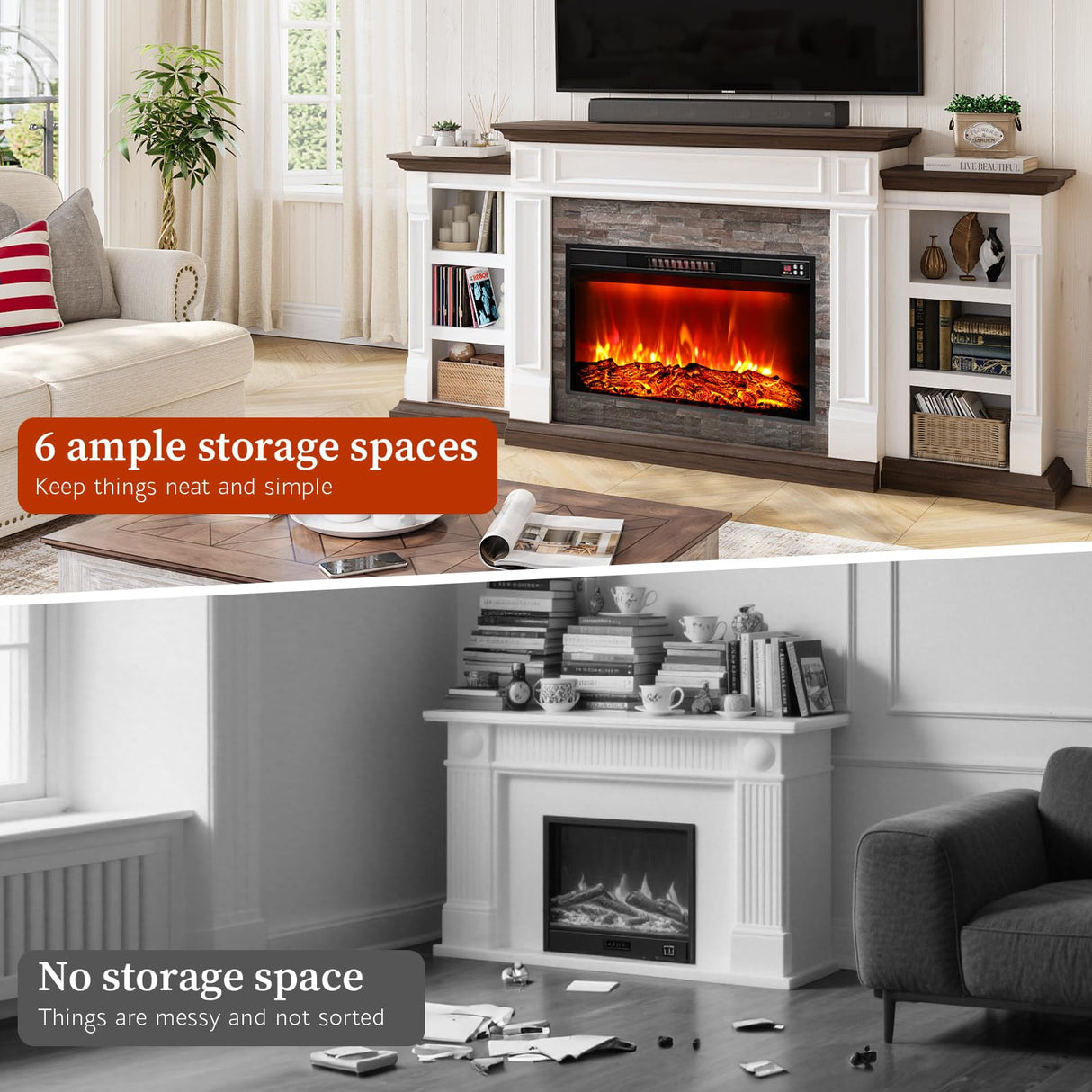 80" Fireplace TV Stand for TVs Up to 90 Inch, Electric Fireplace with Mantel, Farmhouse Entertainment Center with Storage, Realistic Stacked Stone Surround with Remote Control for Living Room HolliWill