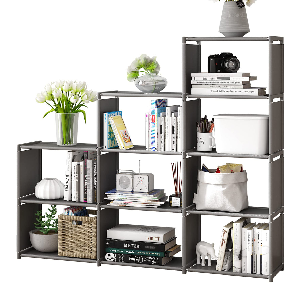 MOYIPIN Bookshelf, Assembled Storage Rack, Bedroom Living Room Vertical Cabinet Bookshelf, Double Row 9-Grid Multi-Functional Storage Equipment (Grey) MOYIPIN