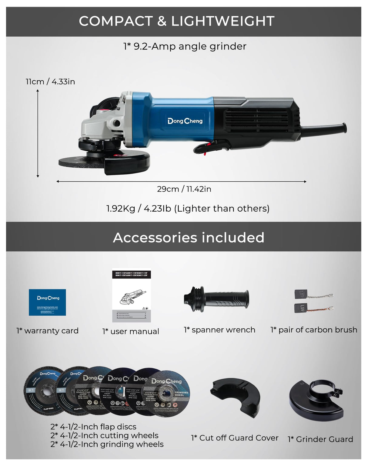 DongCheng 9.2 Amp Power Angle Grinders, 4-1/2 in., 11800RPM, Tool-Free Guard, Electric Metal Grinder Tool, Small Corded Angle Grinder, Paddle Switch, Shockproof Handle for Cutting, Grinding, Polishing Dong Cheng