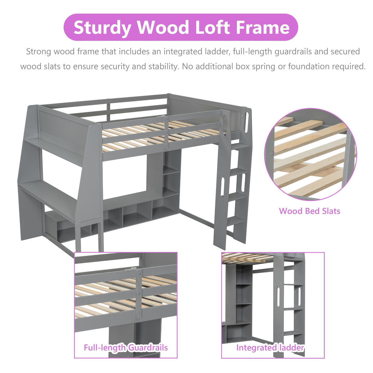 Polibi Wood Full Size Gaming Loft Bed with 55.9Lx12W inch Desk and Shelf,Bed Frame with LED,Hanging Clothes Rack and Storage Cabinet,Gray Polibi