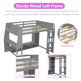Polibi Wood Full Size Gaming Loft Bed with 55.9Lx12W inch Desk and Shelf,Bed Frame with LED,Hanging Clothes Rack and Storage Cabinet,Gray Polibi