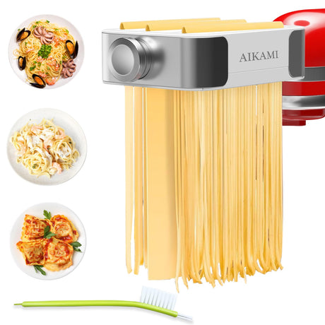 AIKAMI Metal Pasta Maker Attachment for Kitchenaid Stand Mixers 3 in 1 Set Includes Pasta Roller Spaghetti Cutter & Fettuccine Cutter and Cleaning Brush, Pasta Attachment AIKAMI
