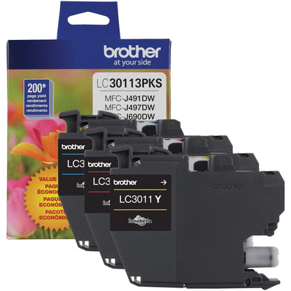 Brother Genuine LC30113PKS 3-Pack Standard Yield Color Ink Cartridges, Page Yield Up to 200 Pages/Cartridge Includes Cyan, Magenta and Yellow, LC3011