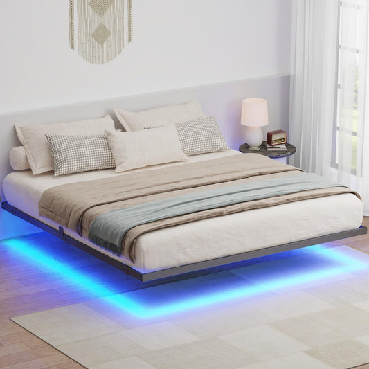 LUSIMO King Size Floating Bed Frame with LED Lights & Under-Bed Storage, Heavy Duty Metal Platform, 12 Inch Height - WoodArtSupply