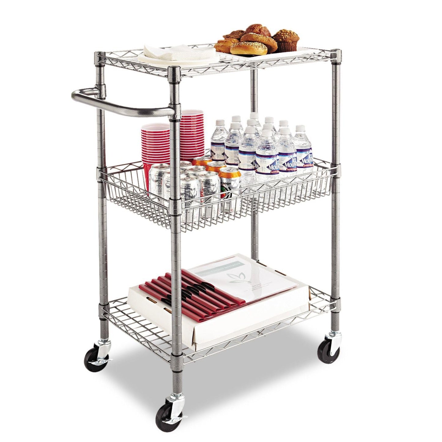 Alera ALESW342416BA 28 in. x 16 in. x 39 in. 500-lb. Capacity Three-Tier Wire Rolling Cart - Black Anthracite