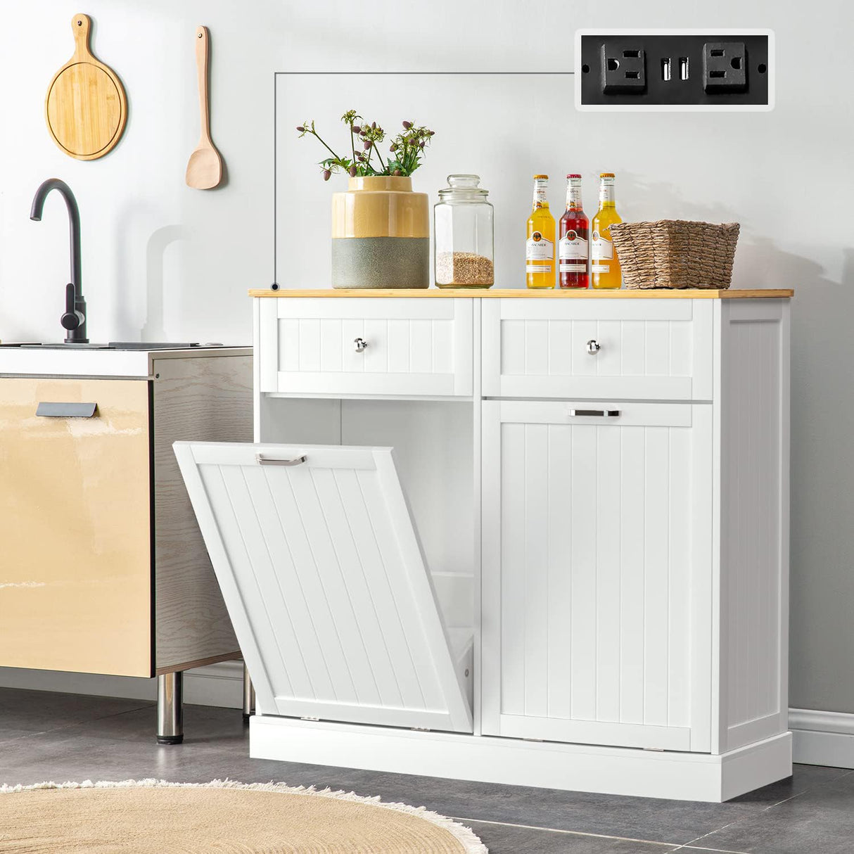 GAZHOME Double Tilt Out Trash Cabinet with Charging Station, Upgrade Wooden Free Standing Trash Cabinet with Outlet,Recycling Cabinet with Hideaway Drawer,20 Gallon Tilt Out Trash Cabinet (White) GAZHOME