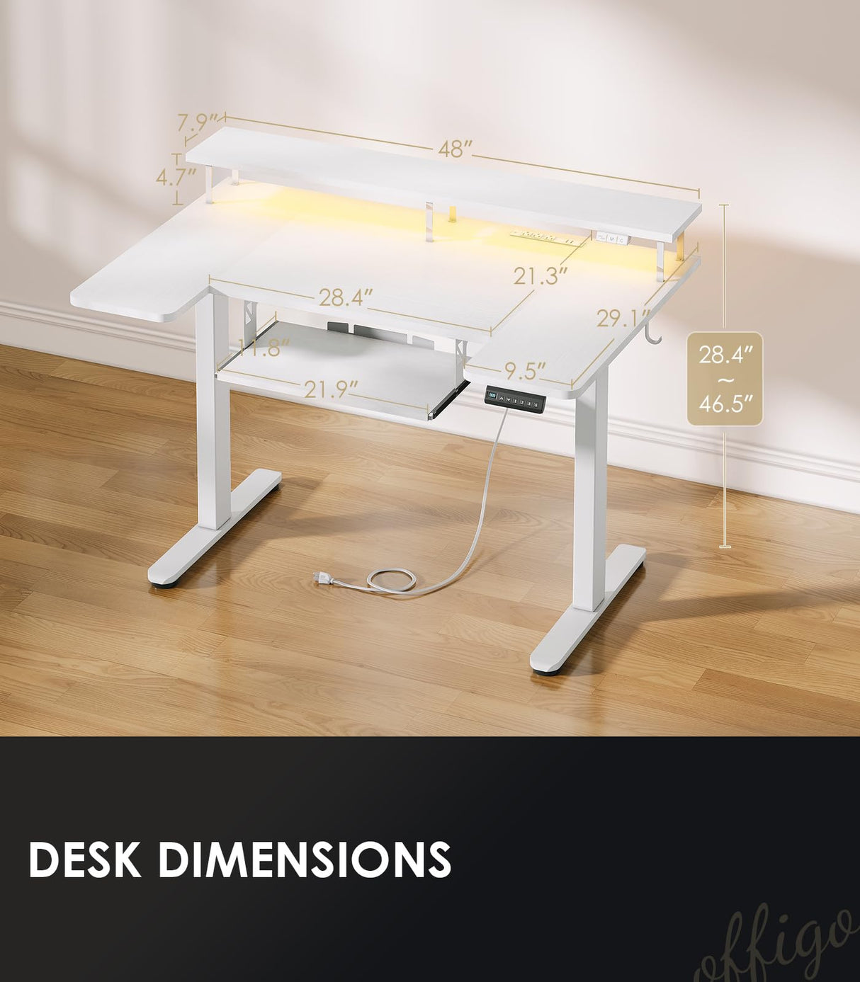 OffiGo U Shaped Electric Standing Desk with Keyboard Tray, 48 Inch Height Adjustable Desk with Power Outlets & LED Lights, Sit Stand Table with Monitor Stand for Home, Office, White OffiGo