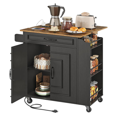 RALGEND Kitchen Island with Power Outlets & Drop Leaf, Rolling Kitchen Cart on Wheels, Kitchen Storage Island with Spice Rack and Drawer for Kitchen, Dinning Room, Black and Rustic Brown RALGEND
